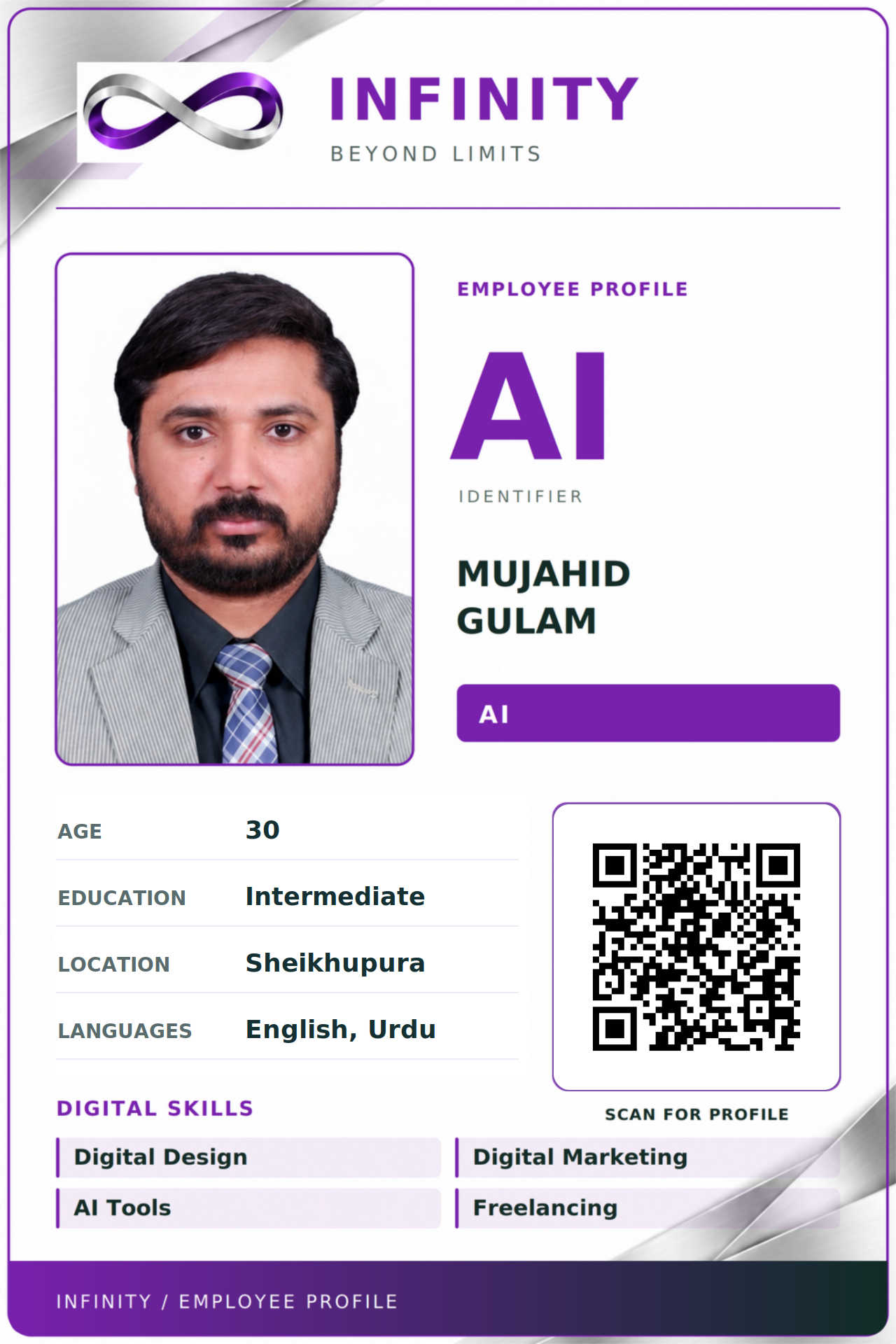 Front of INFINITY AI employee card for Mujahid Gulam